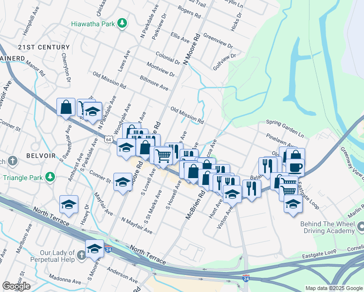 map of restaurants, bars, coffee shops, grocery stores, and more near 116 North Saint Marks Avenue in Chattanooga