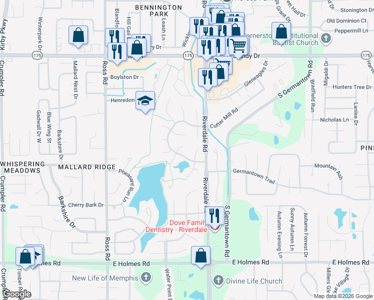 map of restaurants, bars, coffee shops, grocery stores, and more near 6909 Arbor Lake Cove in Memphis