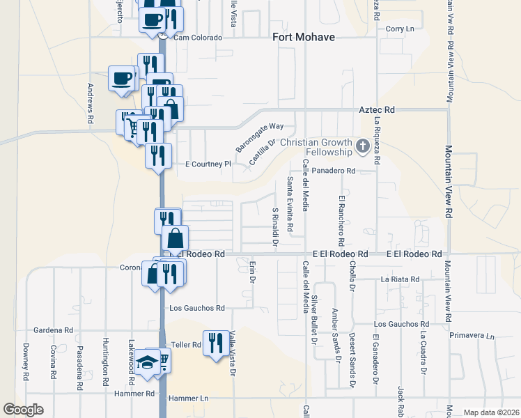 map of restaurants, bars, coffee shops, grocery stores, and more near 1635 East Rinaldi Way in Fort Mohave
