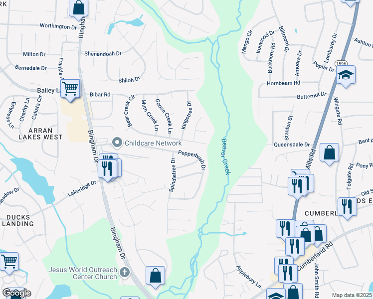 map of restaurants, bars, coffee shops, grocery stores, and more near 5676 Pepperbush Drive in Fayetteville