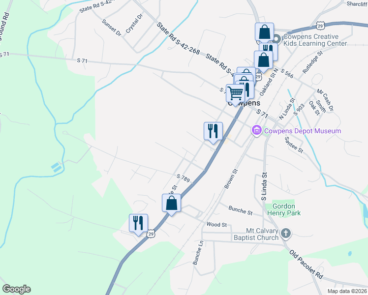 map of restaurants, bars, coffee shops, grocery stores, and more near 123 Sims Street in Cowpens