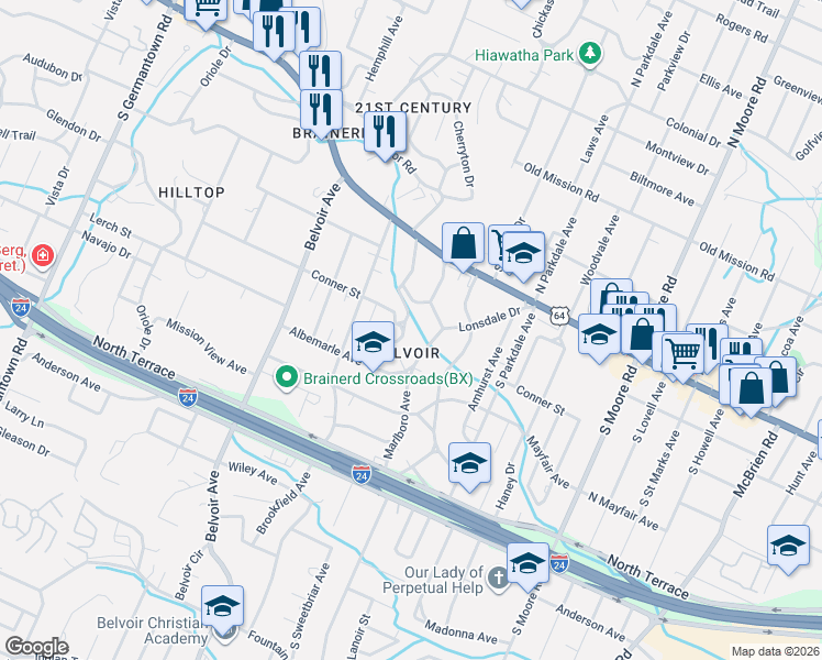 map of restaurants, bars, coffee shops, grocery stores, and more near 107 Tuxedo Circle in Chattanooga