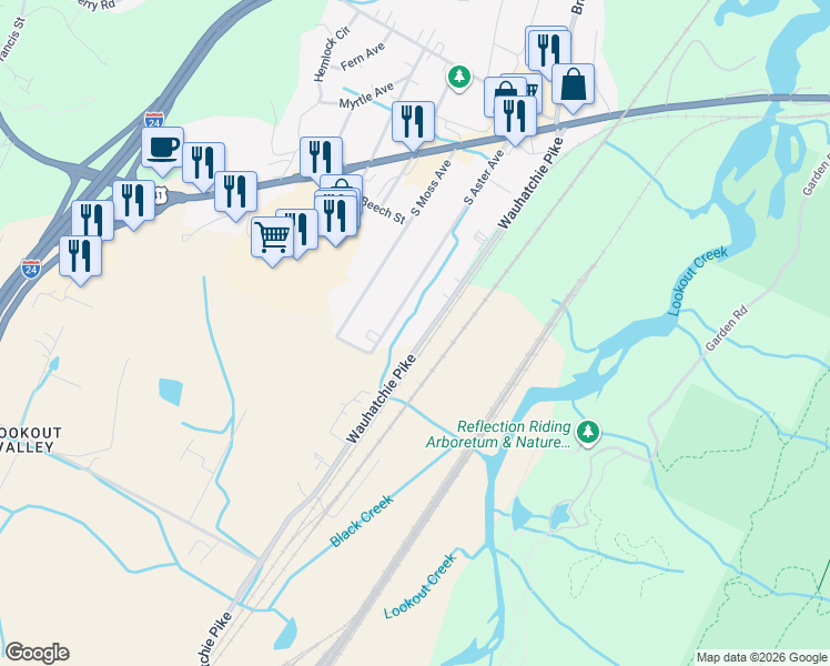 map of restaurants, bars, coffee shops, grocery stores, and more near 228 South Aster Avenue in Chattanooga
