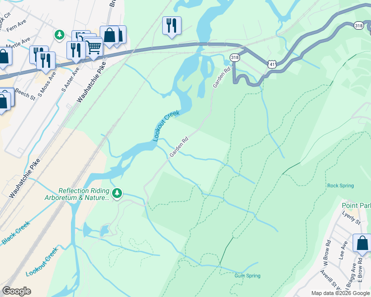 map of restaurants, bars, coffee shops, grocery stores, and more near 262 Garden Road in Chattanooga