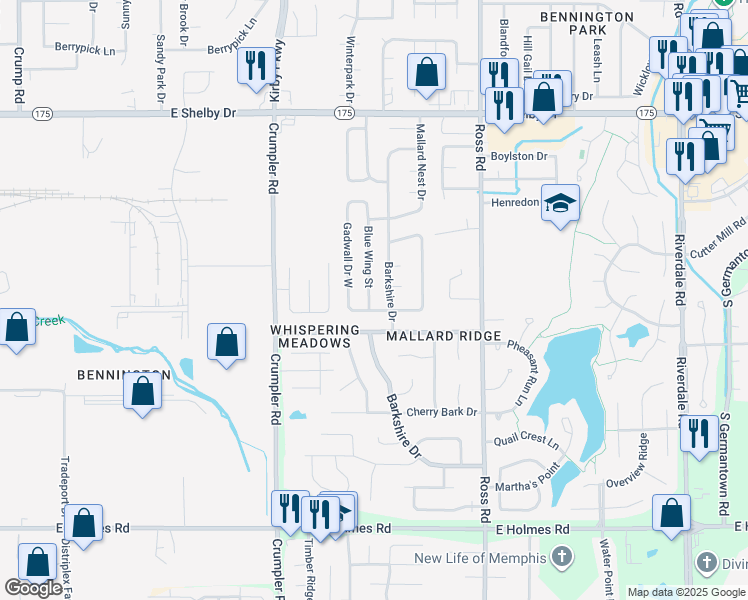 map of restaurants, bars, coffee shops, grocery stores, and more near 4930 Blue Wing Street in Memphis