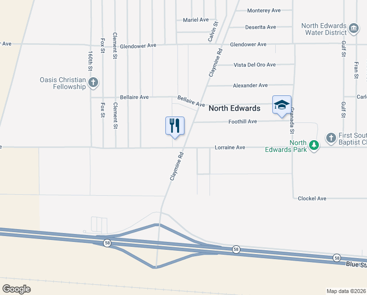 map of restaurants, bars, coffee shops, grocery stores, and more near 13001 Claymine Road in North Edwards