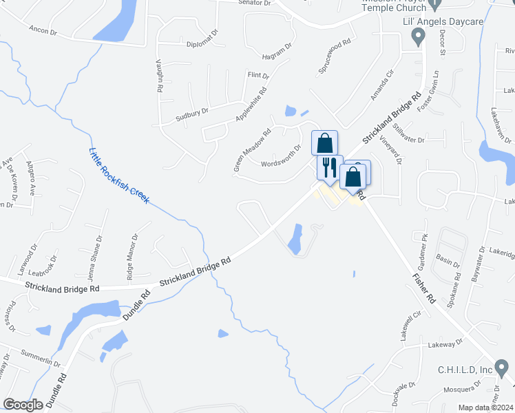 map of restaurants, bars, coffee shops, grocery stores, and more near 2282 Hackney Loop in Fayetteville