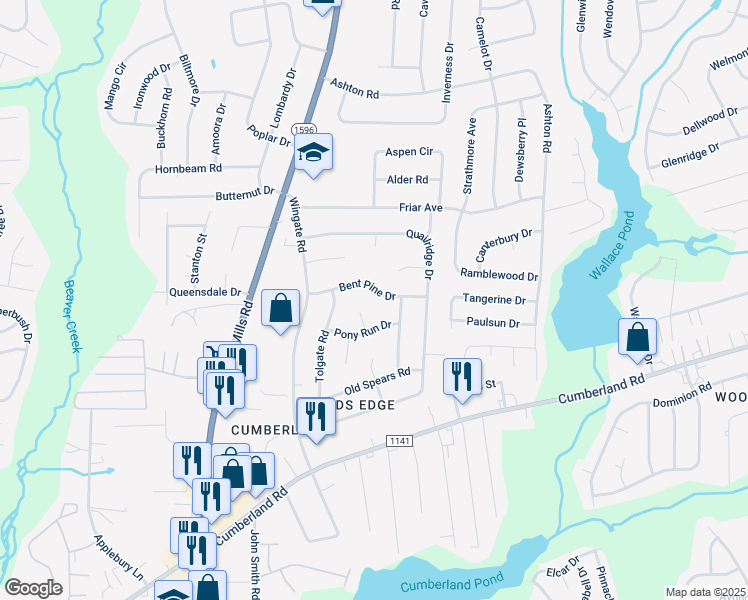 map of restaurants, bars, coffee shops, grocery stores, and more near 4719 Bent Pine Drive in Fayetteville