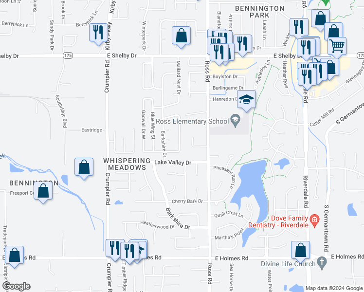 map of restaurants, bars, coffee shops, grocery stores, and more near 4932 Water Fowl Lane in Memphis