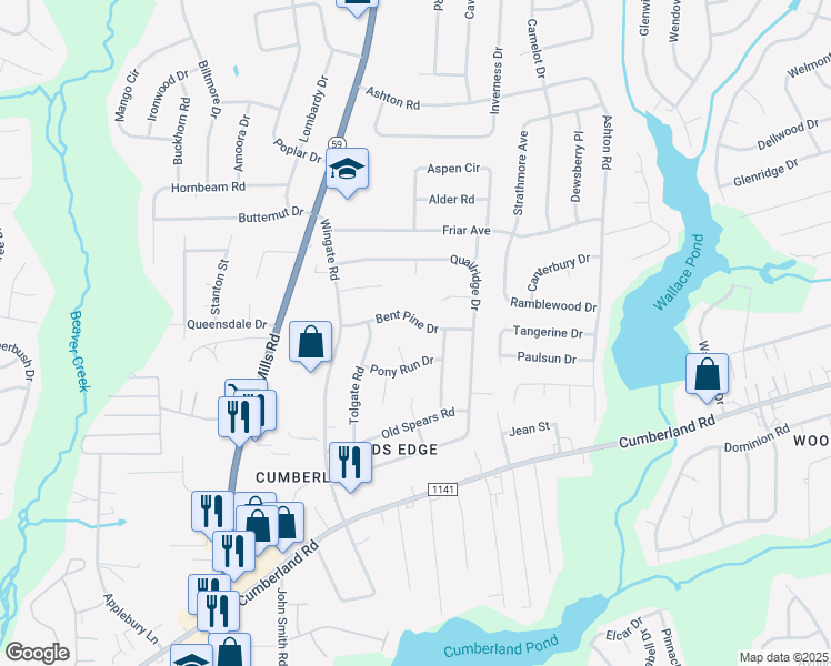 map of restaurants, bars, coffee shops, grocery stores, and more near 4719 Bent Pine Drive in Fayetteville