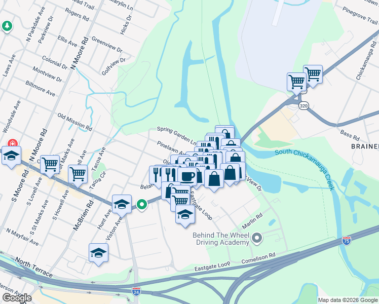 map of restaurants, bars, coffee shops, grocery stores, and more near 5606 Spring Garden Lane in Chattanooga