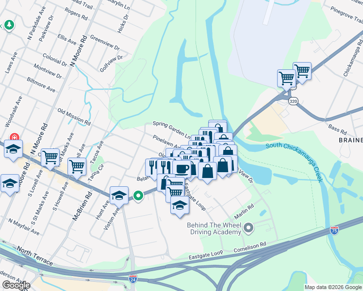 map of restaurants, bars, coffee shops, grocery stores, and more near 5606 Spring Garden Lane in Chattanooga