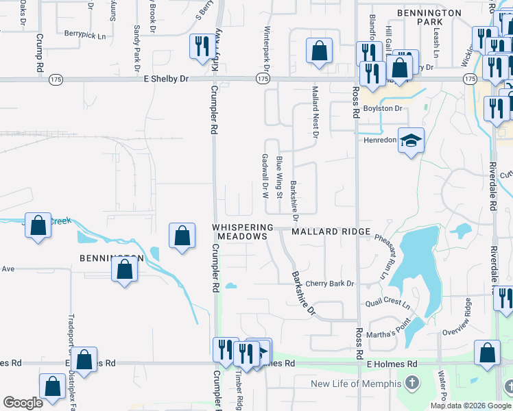 map of restaurants, bars, coffee shops, grocery stores, and more near 4904 Gadwall Drive North in Memphis