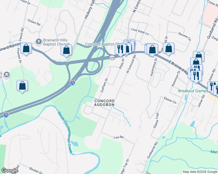 map of restaurants, bars, coffee shops, grocery stores, and more near 1302 Durham Drive in Chattanooga