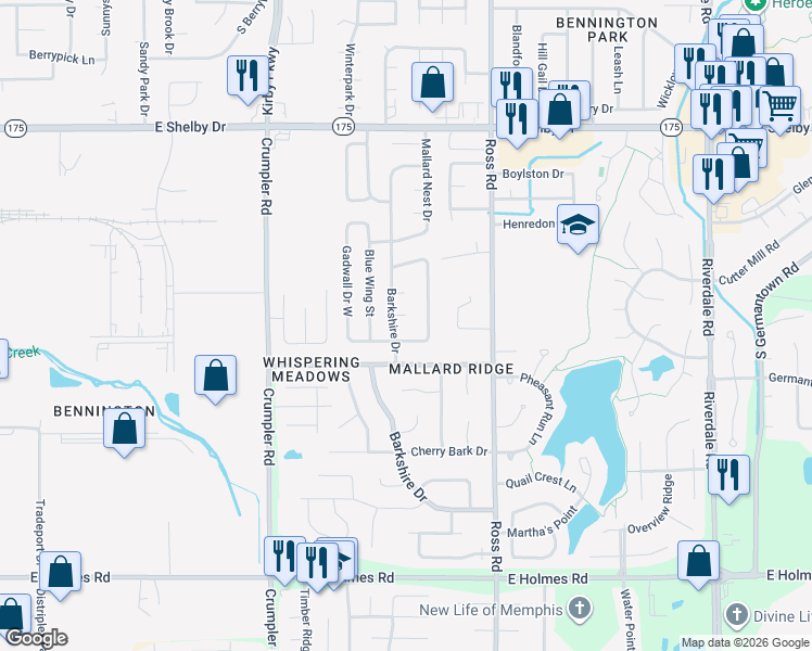 map of restaurants, bars, coffee shops, grocery stores, and more near 4905 Water Fowl Lane in Memphis