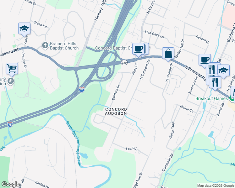 map of restaurants, bars, coffee shops, grocery stores, and more near 1302 Durham Drive in Chattanooga