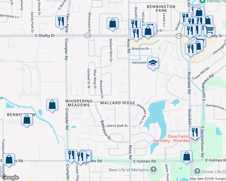 map of restaurants, bars, coffee shops, grocery stores, and more near 4905 Water Fowl Lane in Memphis