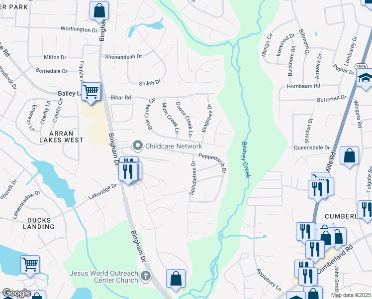 map of restaurants, bars, coffee shops, grocery stores, and more near 5712 Pepperbush Drive in Fayetteville