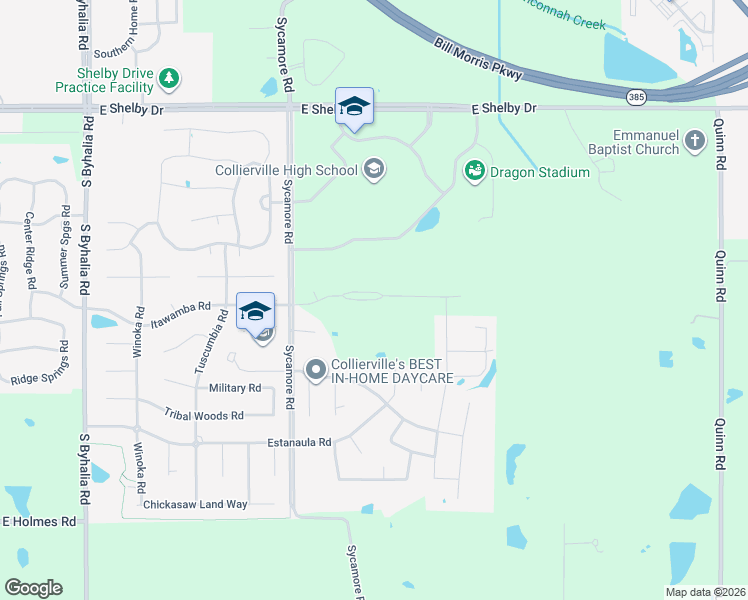 map of restaurants, bars, coffee shops, grocery stores, and more near 1152 Sycamore Road in Collierville