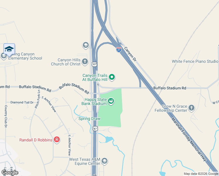map of restaurants, bars, coffee shops, grocery stores, and more near Buffalo Stadium Road in Canyon