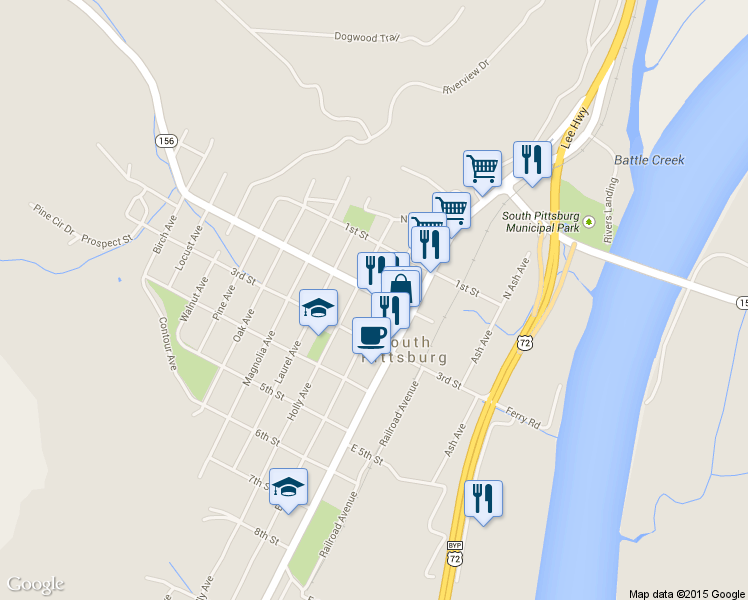map of restaurants, bars, coffee shops, grocery stores, and more near 200 Elm Ave in South Pittsburg