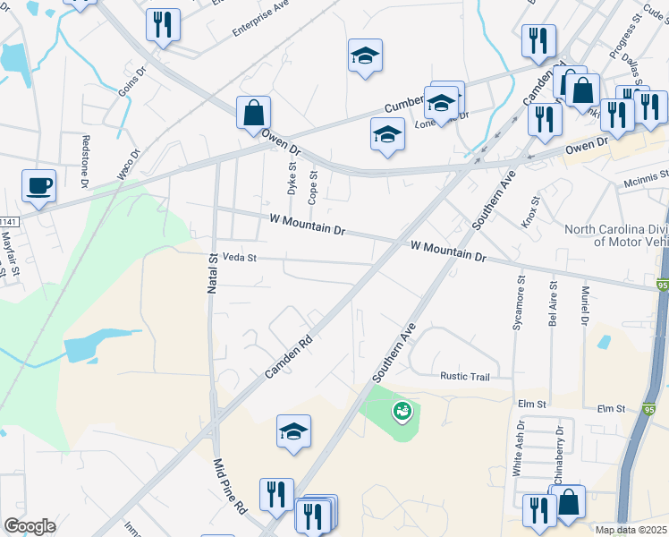 map of restaurants, bars, coffee shops, grocery stores, and more near 712 Veda Street in Fayetteville
