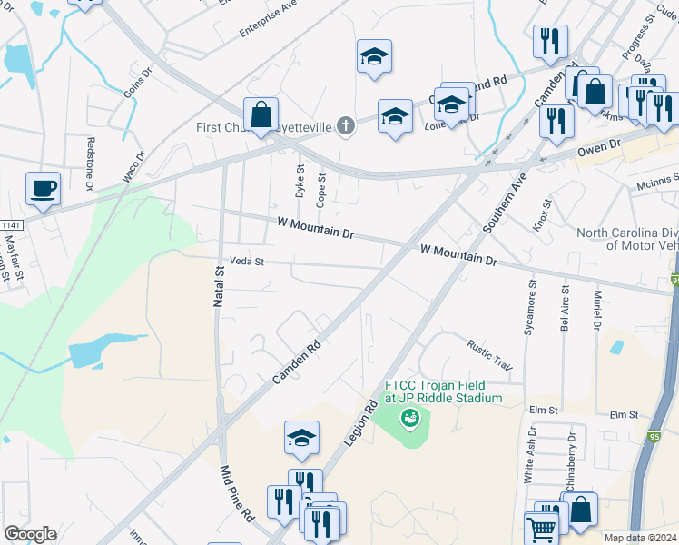 map of restaurants, bars, coffee shops, grocery stores, and more near 709 Veda Street in Fayetteville