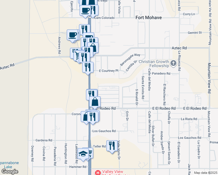 map of restaurants, bars, coffee shops, grocery stores, and more near 1545 East El Rodeo Road in Fort Mohave