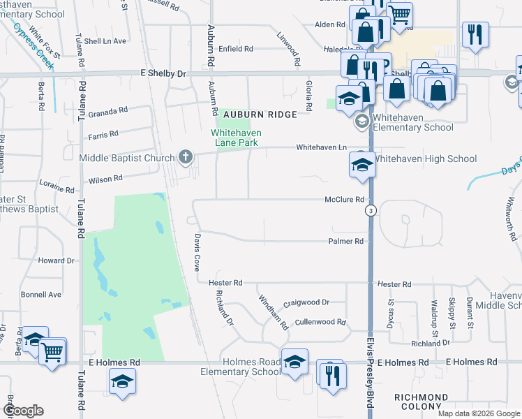 map of restaurants, bars, coffee shops, grocery stores, and more near 973 McClure Road in Memphis