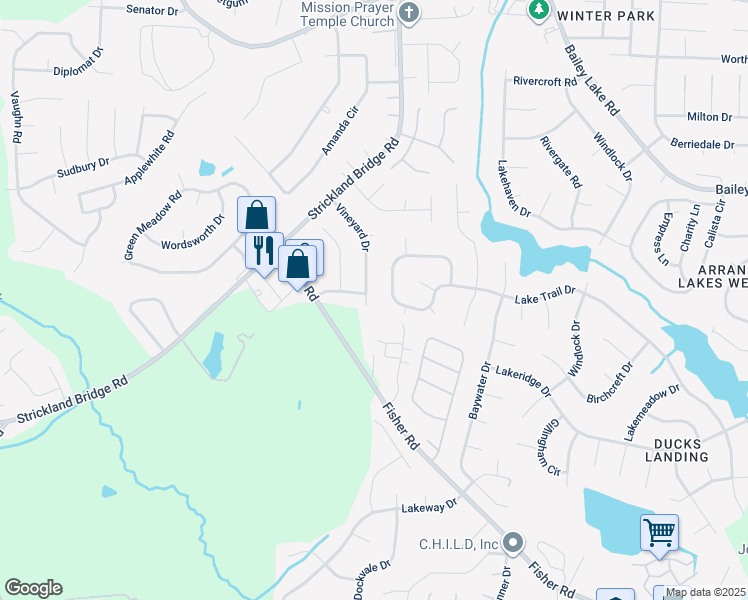 map of restaurants, bars, coffee shops, grocery stores, and more near 6538 Vineyard Drive in Fayetteville