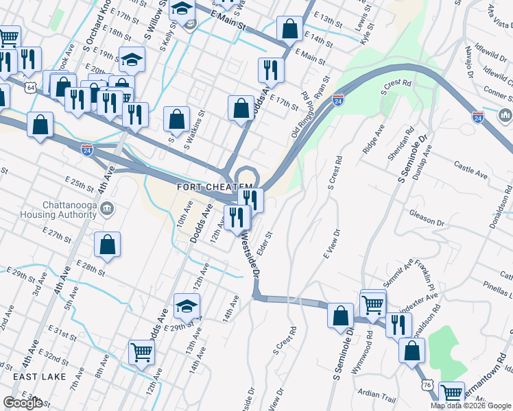 map of restaurants, bars, coffee shops, grocery stores, and more near Interstate 24 in Chattanooga