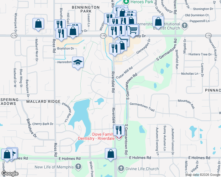 map of restaurants, bars, coffee shops, grocery stores, and more near 4903 Pebblerock Cove in Memphis