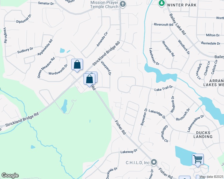 map of restaurants, bars, coffee shops, grocery stores, and more near 6538 Vineyard Drive in Fayetteville