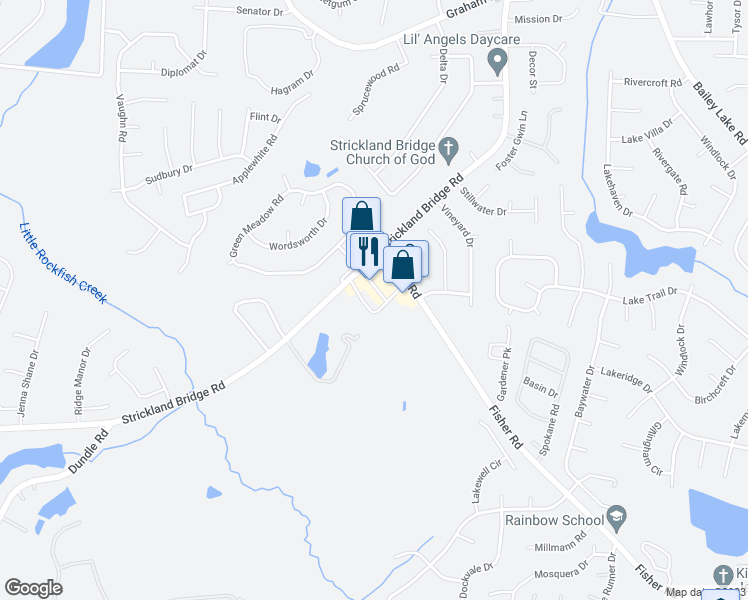 map of restaurants, bars, coffee shops, grocery stores, and more near 6575 Fisher Road in Fayetteville