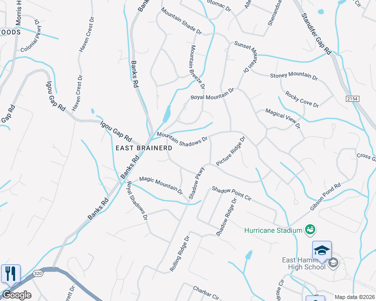 map of restaurants, bars, coffee shops, grocery stores, and more near 9222 Mountain Shadows Drive in Chattanooga