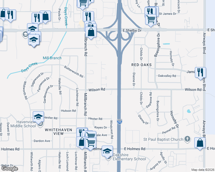map of restaurants, bars, coffee shops, grocery stores, and more near 1780 1st Green Drive in Memphis