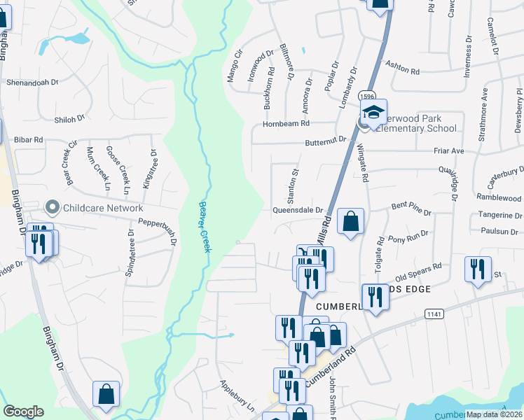 map of restaurants, bars, coffee shops, grocery stores, and more near 5198 Queensdale Drive in Fayetteville
