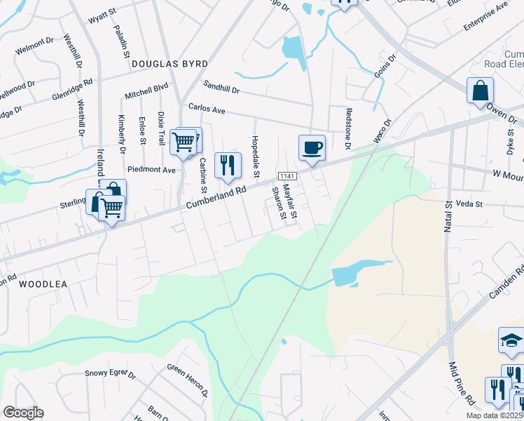 map of restaurants, bars, coffee shops, grocery stores, and more near 2611 Warhorse Street in Fayetteville