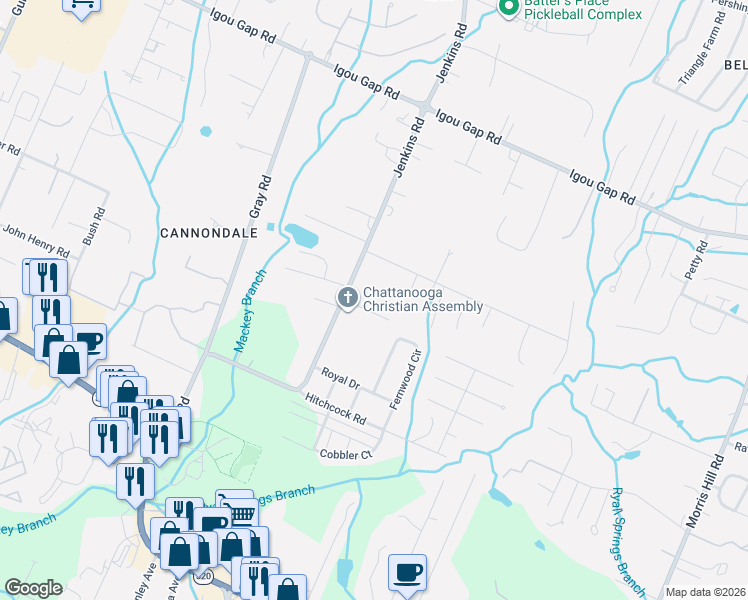 map of restaurants, bars, coffee shops, grocery stores, and more near 8111 Bermerwood Drive in Chattanooga