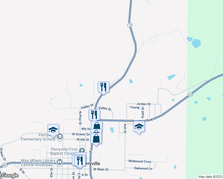 map of restaurants, bars, coffee shops, grocery stores, and more near 1104 Fourche Avenue in Perryville