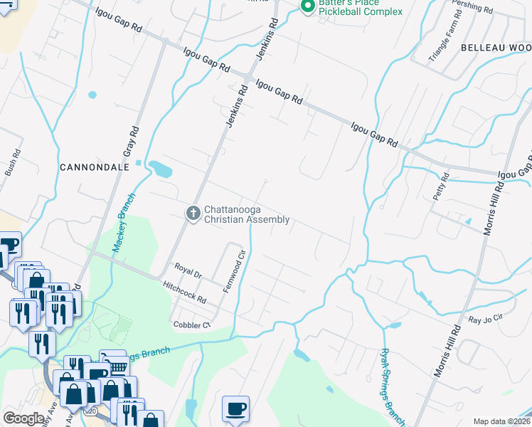 map of restaurants, bars, coffee shops, grocery stores, and more near 8152 Graham Road in Chattanooga