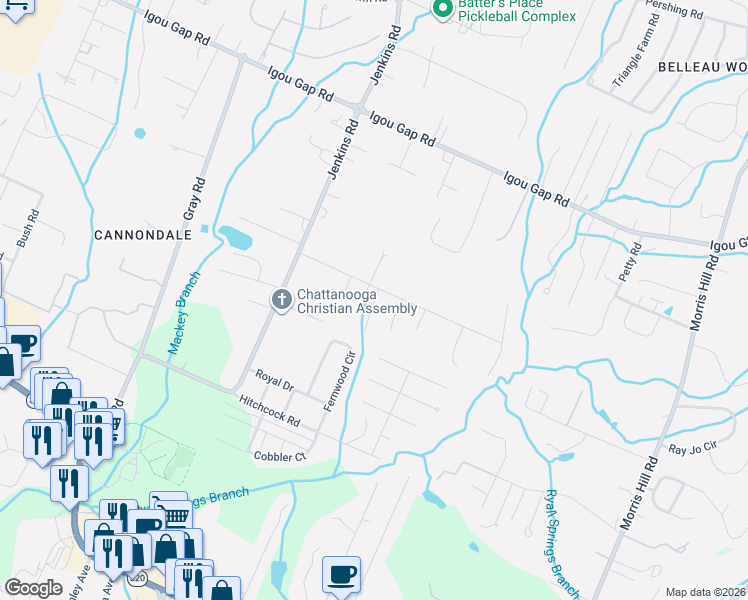 map of restaurants, bars, coffee shops, grocery stores, and more near 8152 Graham Road in Chattanooga