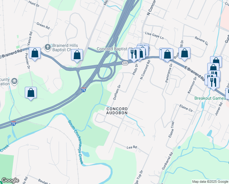map of restaurants, bars, coffee shops, grocery stores, and more near 1300 Phyllis Lane in Chattanooga