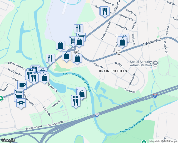 map of restaurants, bars, coffee shops, grocery stores, and more near 200 Bass Road in Chattanooga