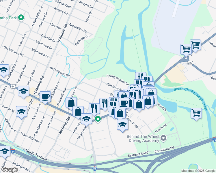 map of restaurants, bars, coffee shops, grocery stores, and more near 5531 Pinelawn Avenue in Chattanooga