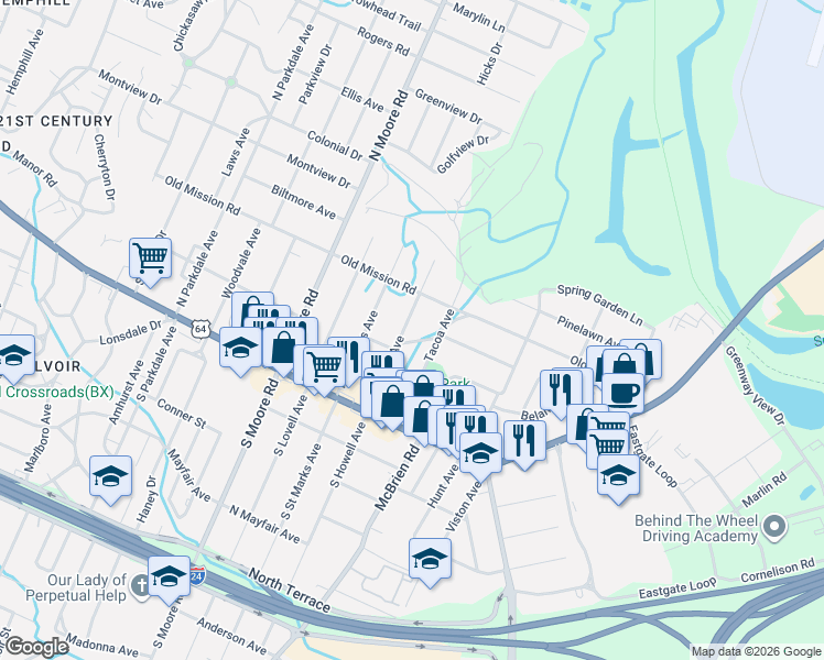 map of restaurants, bars, coffee shops, grocery stores, and more near 305 Tacoa Avenue in Chattanooga