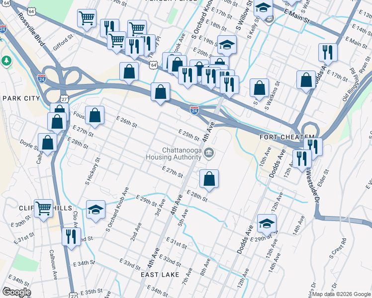 map of restaurants, bars, coffee shops, grocery stores, and more near 2106 East 25th Street Place in Chattanooga