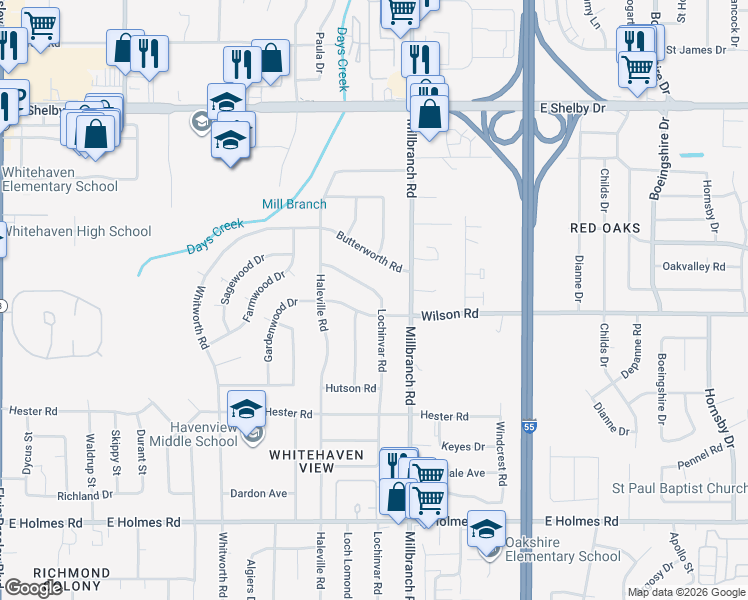 map of restaurants, bars, coffee shops, grocery stores, and more near 4914 Lochinvar Road in Memphis