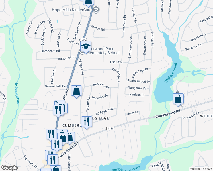 map of restaurants, bars, coffee shops, grocery stores, and more near 4709 Bluejay Court in Fayetteville