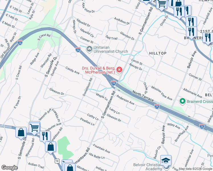map of restaurants, bars, coffee shops, grocery stores, and more near 500 Bonnie Lassie Avenue in Chattanooga